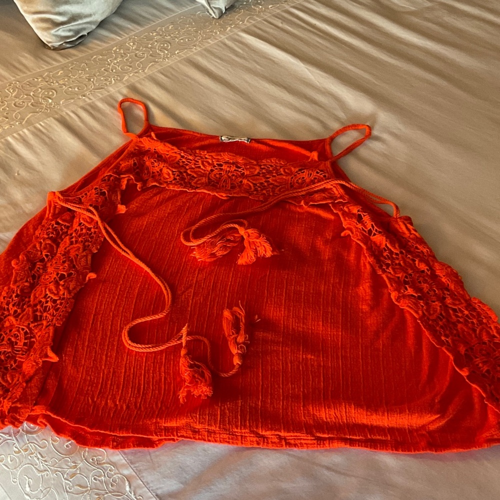 Free People Fiery Red Crochet Detail Top